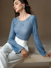 Women's Autumn Crystal Decor Round Neck Long Sleeve Applique Design Elegant T-Shirt For Spring Outfit